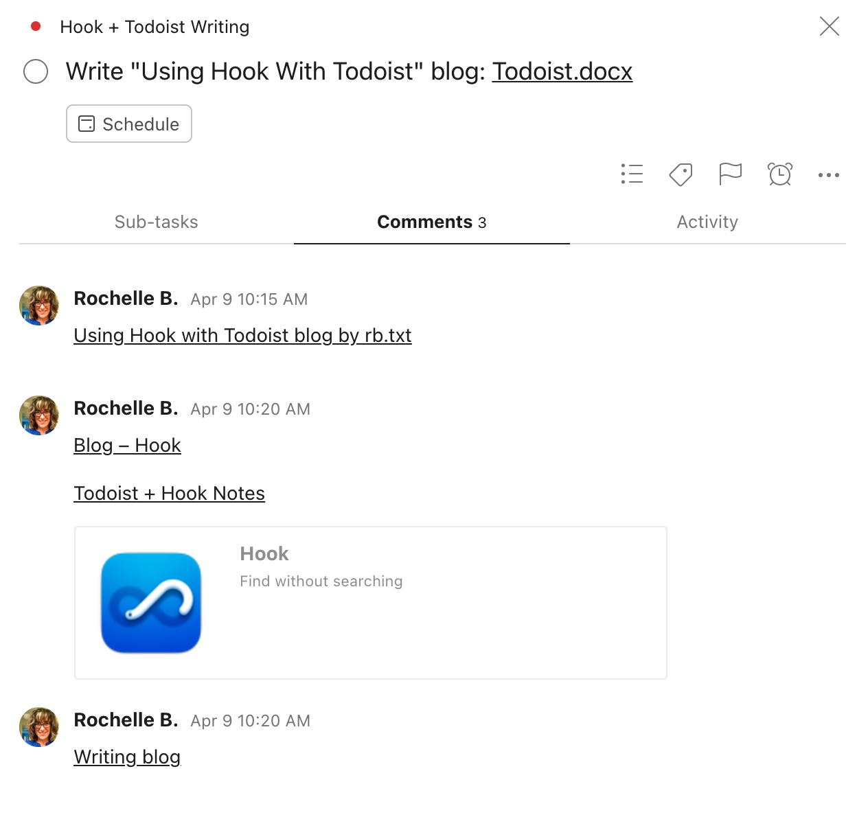Todoist Task showing comments with several Hook-derived links.