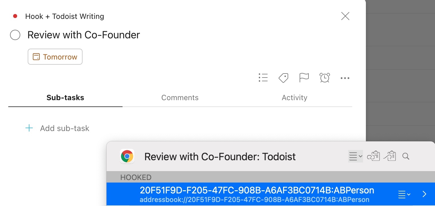 Hook Window invoked on Todoist task in Todoist on the Web.