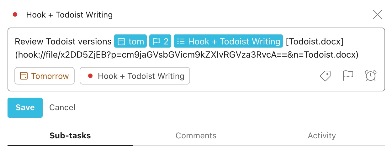 Todoist task entry box with Markdown link pasted from Hook