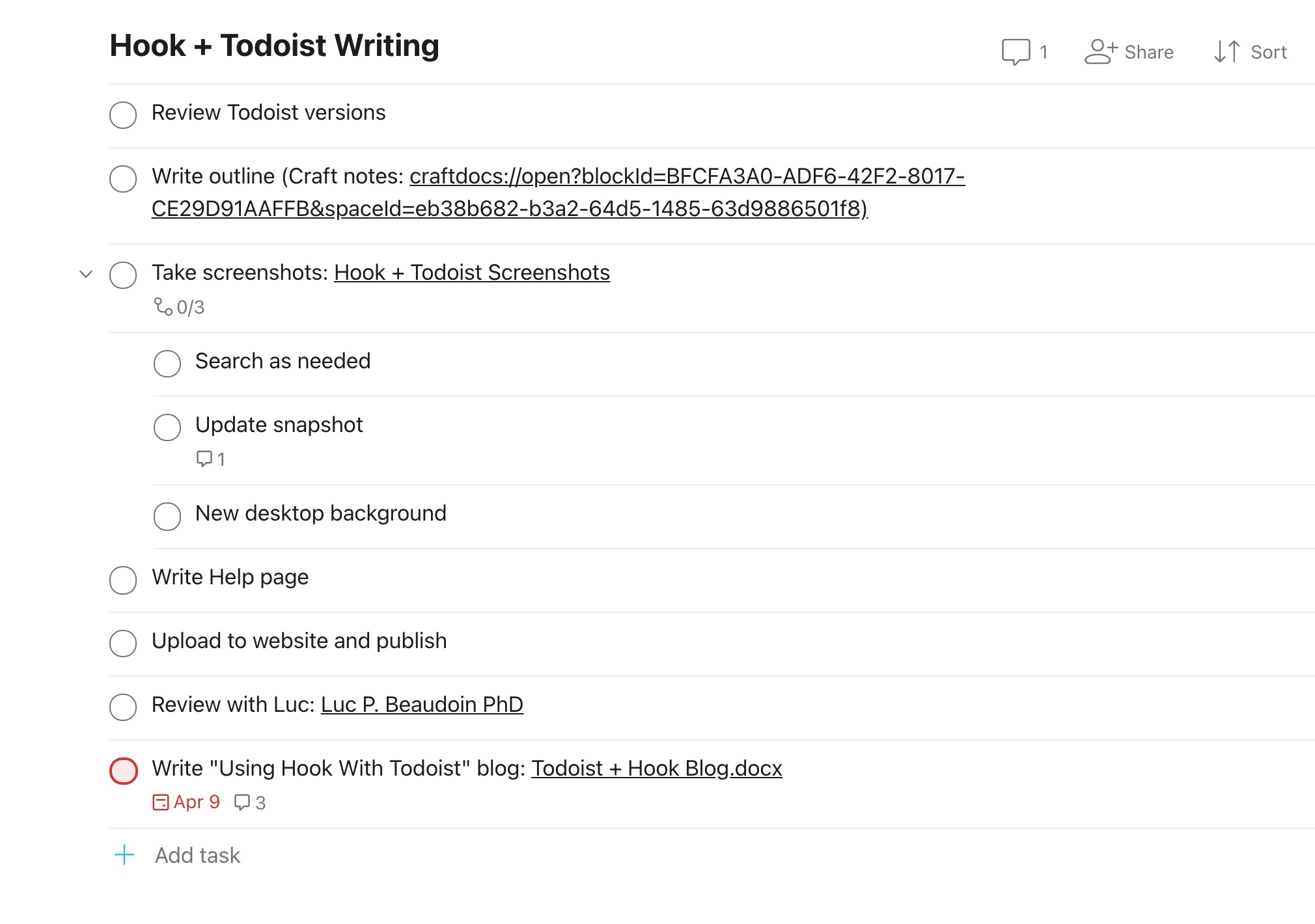 Todoist project showing Hook links